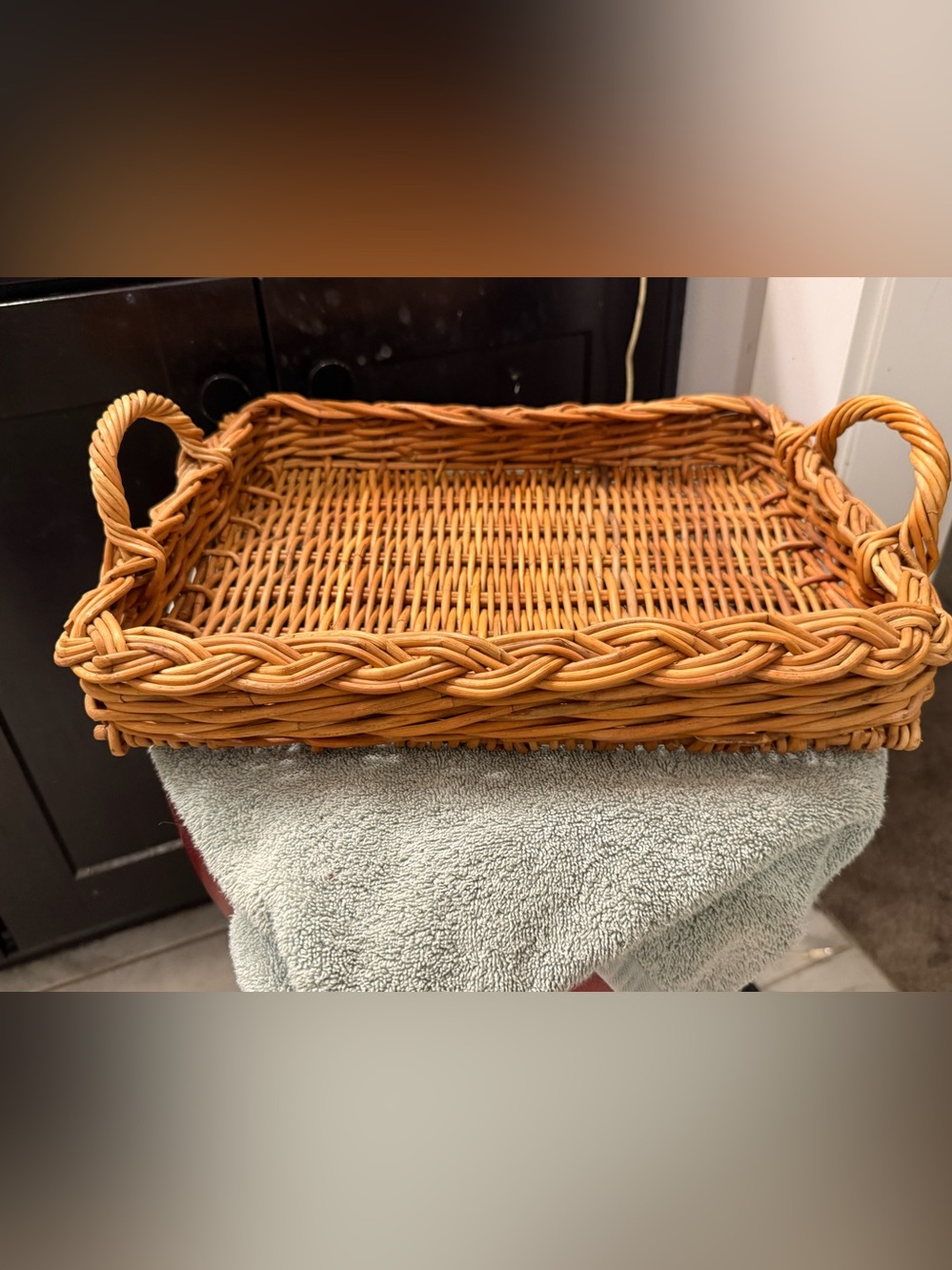 Woven Rattan Serving Tray with Handles - Light Brown